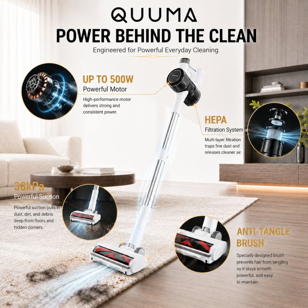 10.10 SALES QUUMA Cordless Vacuum Cleaner｜38kPa Powerful Suction｜500W｜Anti-Tangle Brush